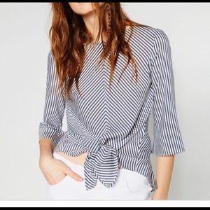 Zara Basic Tie Front Blouse Gray White Stripe Sz S